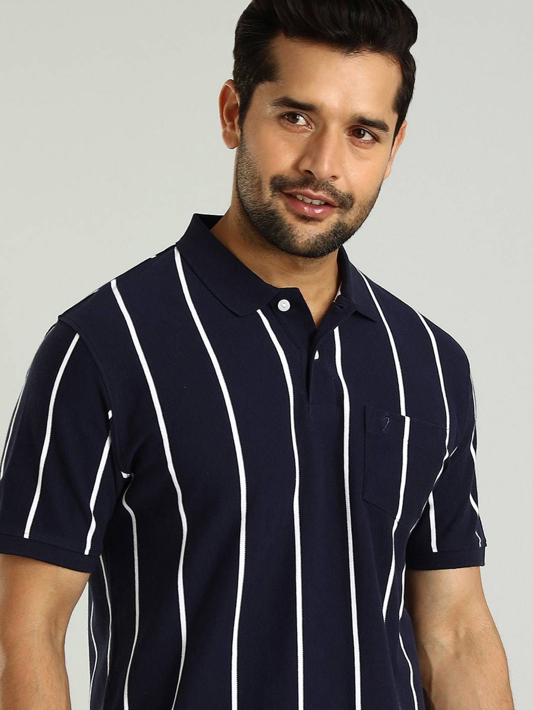 

Indian Terrain Men Striped Polo Collar Pockets T-shirt, Navy blue