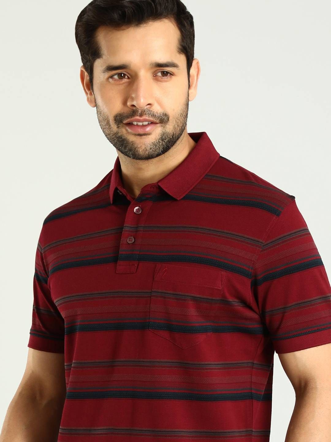 

Indian Terrain Men Striped Polo Collar Pockets Cotton T-shirt, Maroon
