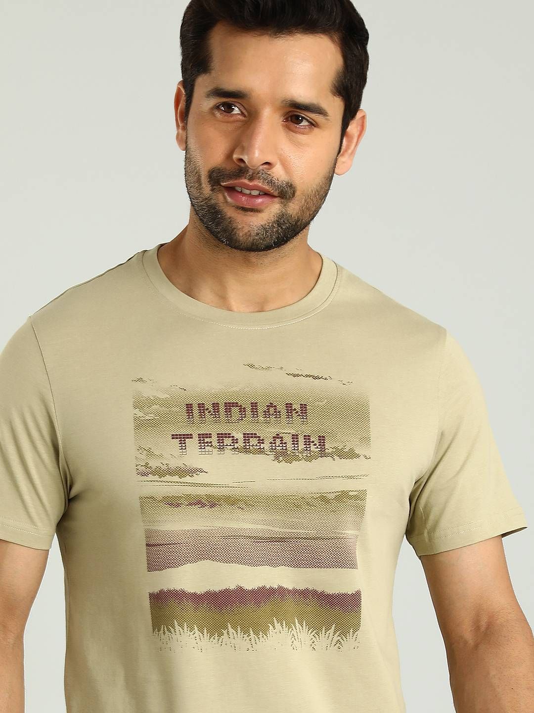 

Indian Terrain Men Typography Printed Round Neck Cotton T-shirt, Olive
