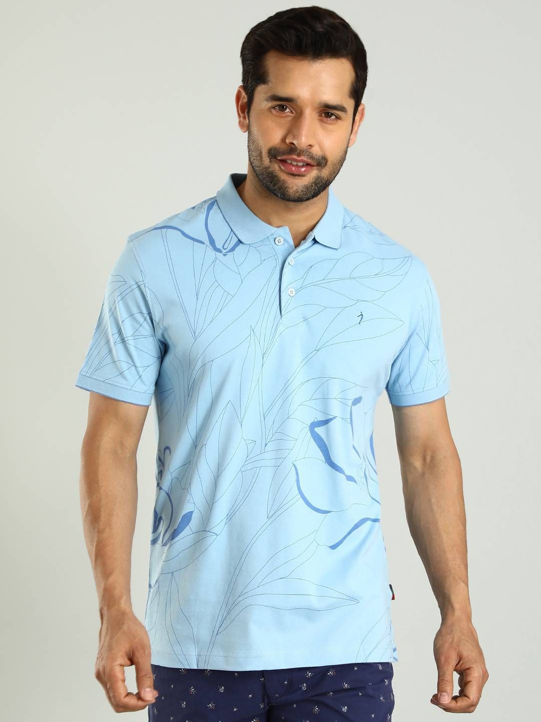 

Indian Terrain Floral Printed Polo Collar Cotton T-shirt, Blue