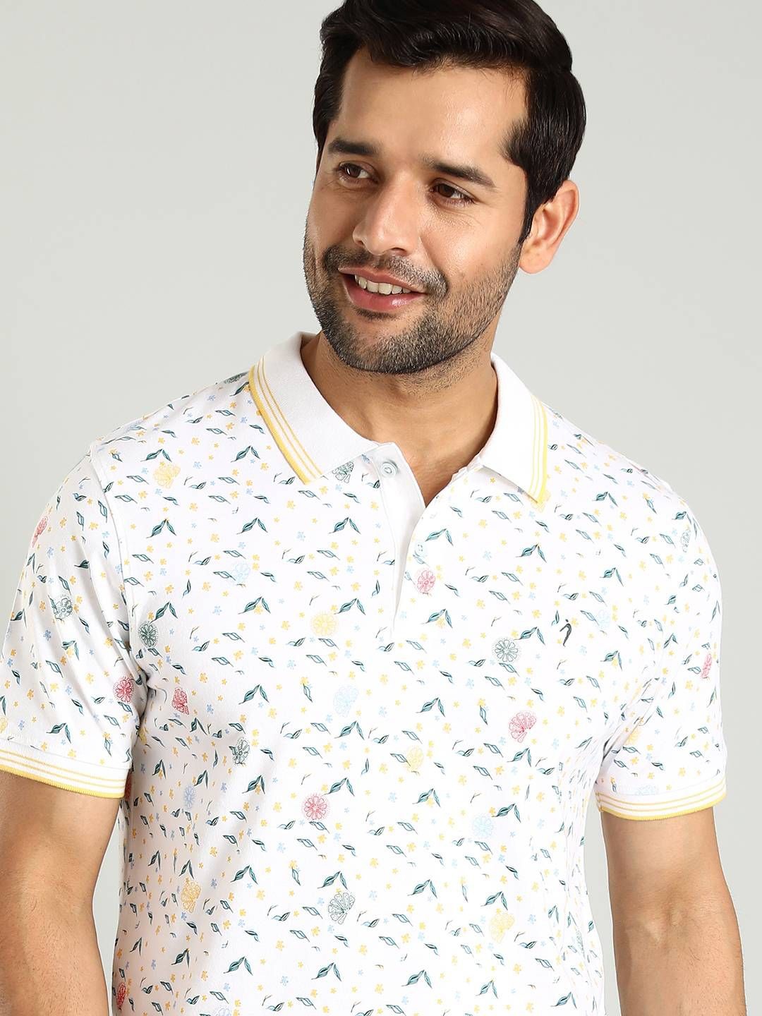 

Indian Terrain Men Floral Printed Polo Neck Cotton T-shirt, White