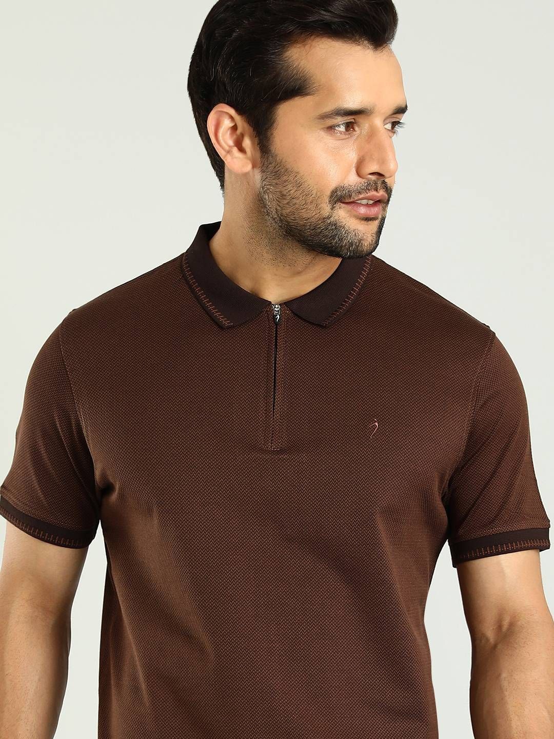 

Indian Terrain Men Self Design Polo Collar T-shirt, Brown