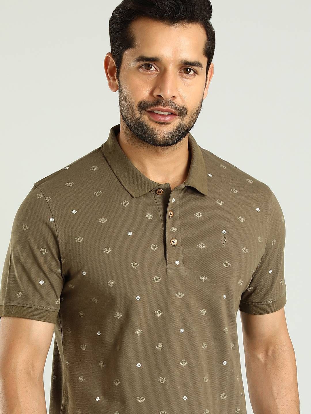

Indian Terrain Men Floral Printed Polo Collar Cotton T-shirt, Olive