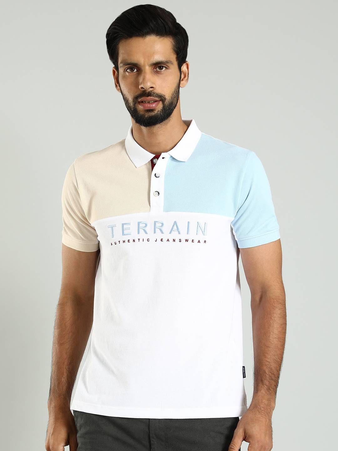 

Indian Terrain Colourblocked Polo Collar Cotton T-shirt, Blue
