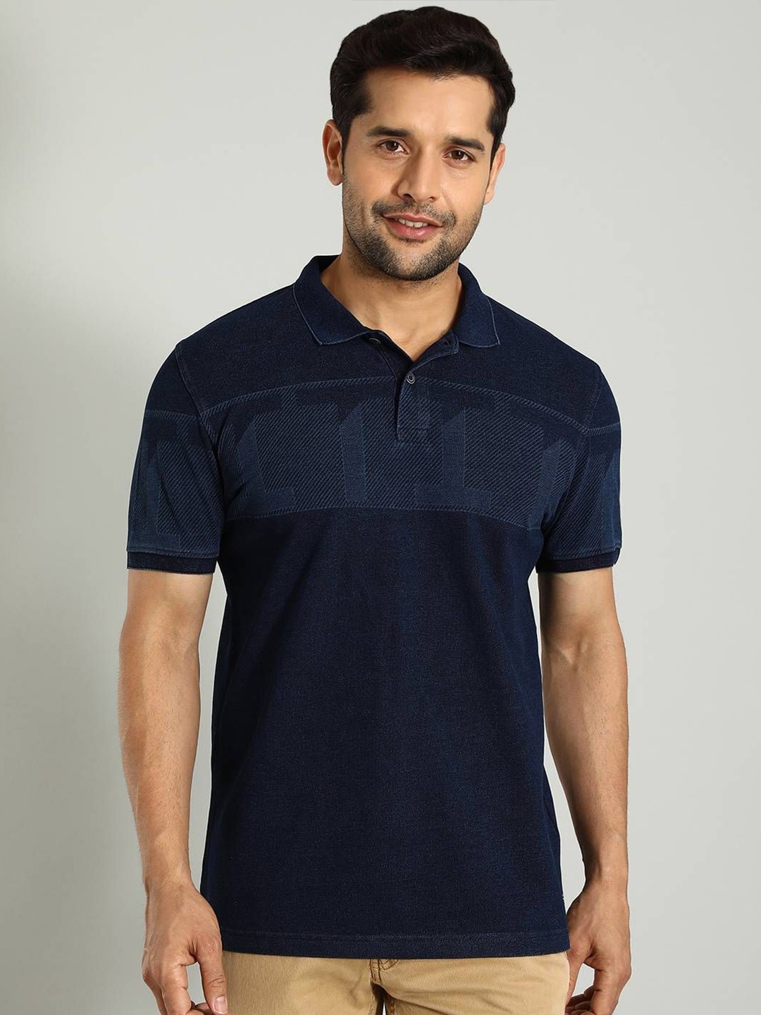

Indian Terrain Men Nautical Polo Collar Cotton T-shirt, Navy blue