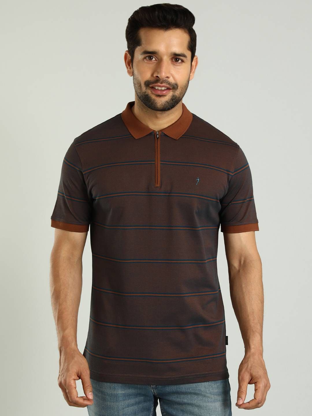 

Indian Terrain Men Striped Polo Collar Cotton T-shirt, Brown