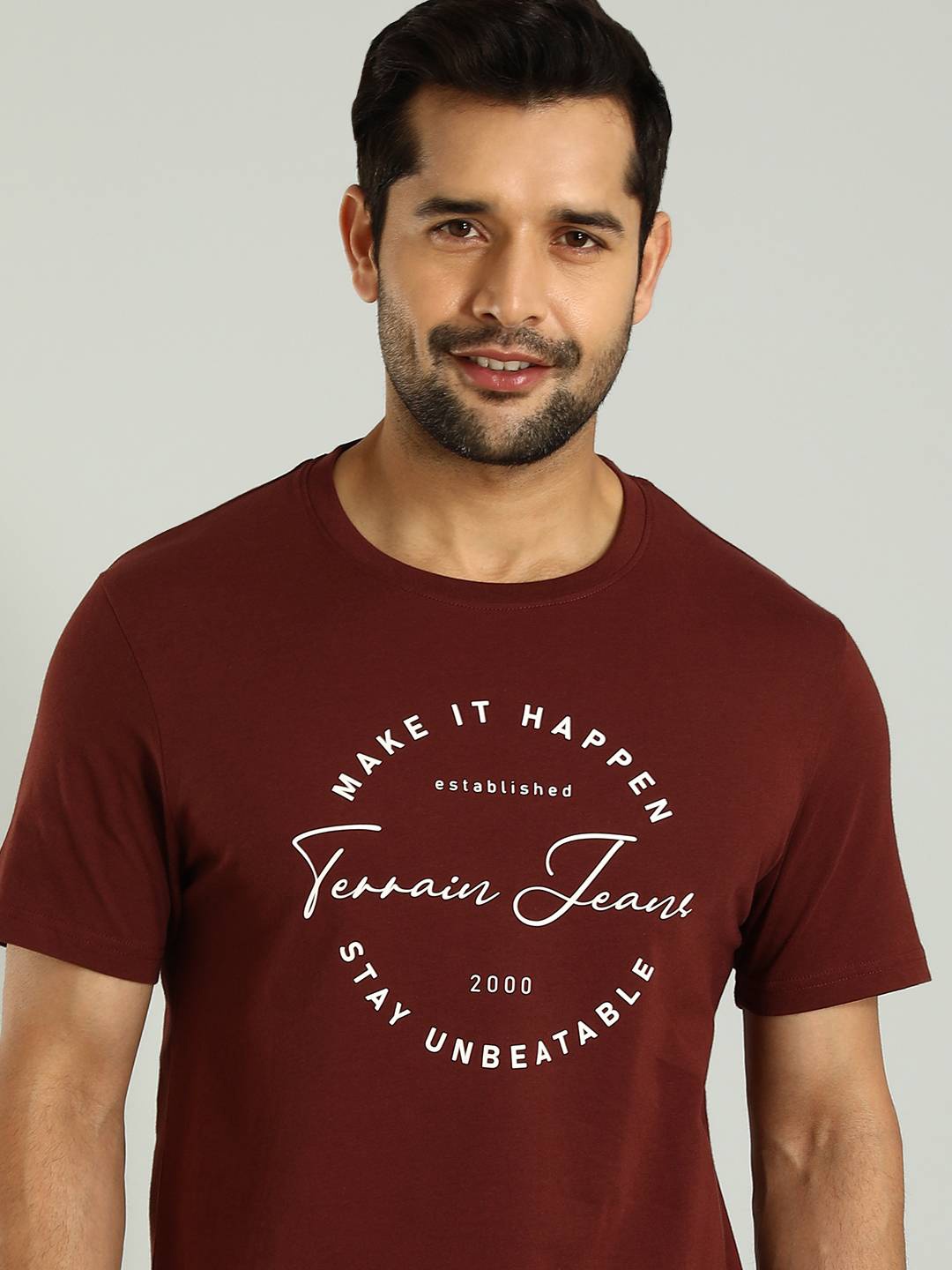 

Indian Terrain Men Typography Printed Round Neck T-shirt, Brown