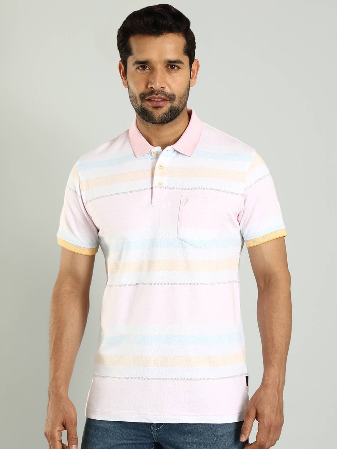 

Indian Terrain Men Striped Polo Collar Pockets Cotton T-shirt, Pink