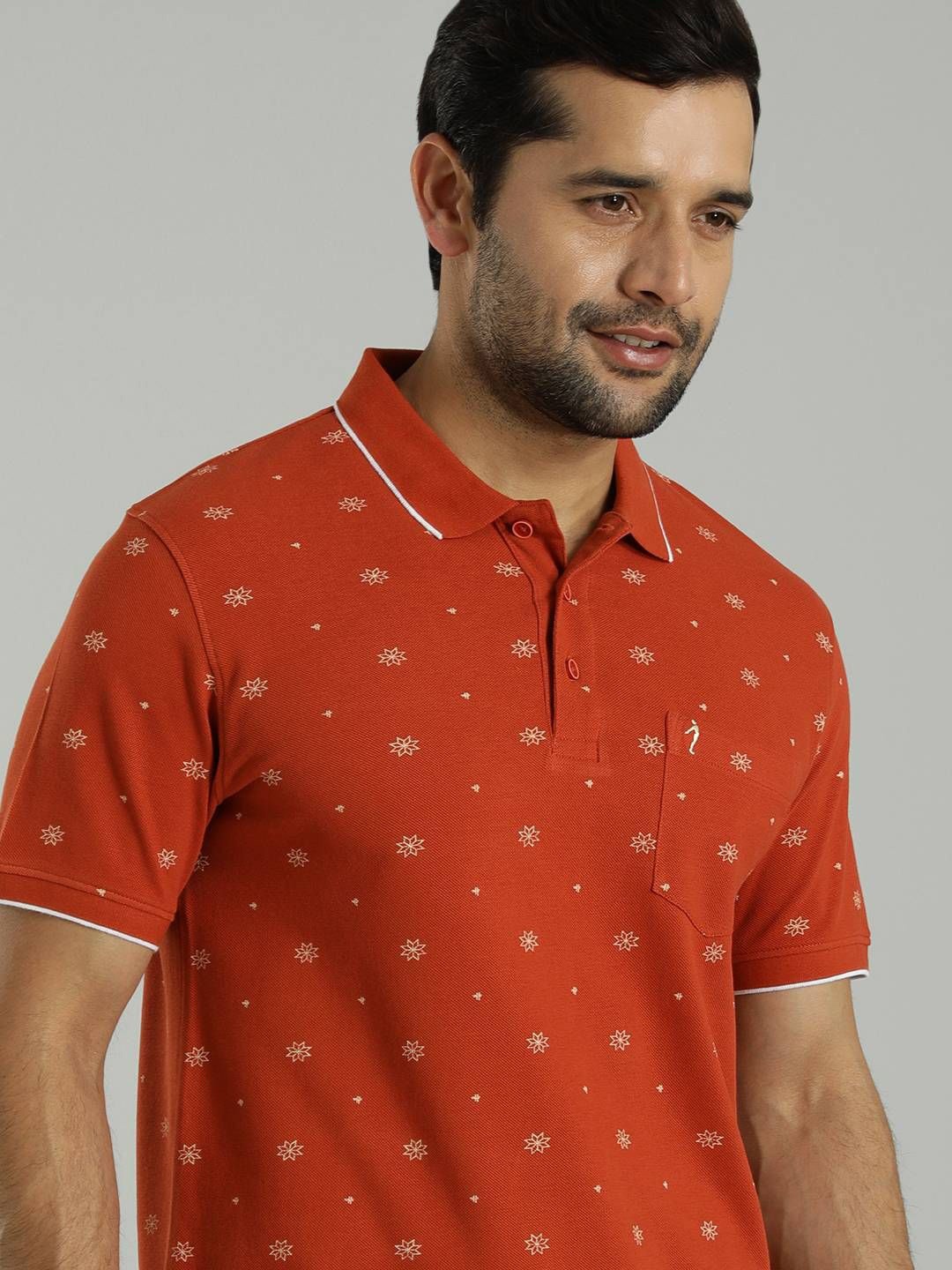 

Indian Terrain Men Floral Printed Polo Collar Pockets Cotton T-shirt, Rust