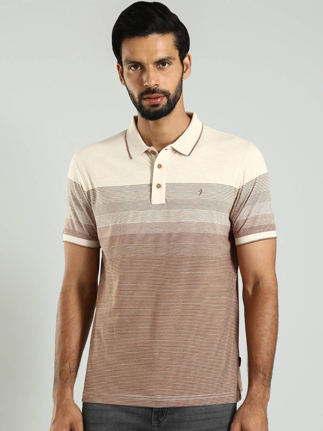 

Indian Terrain Men Striped Polo Collar T-shirt, Beige