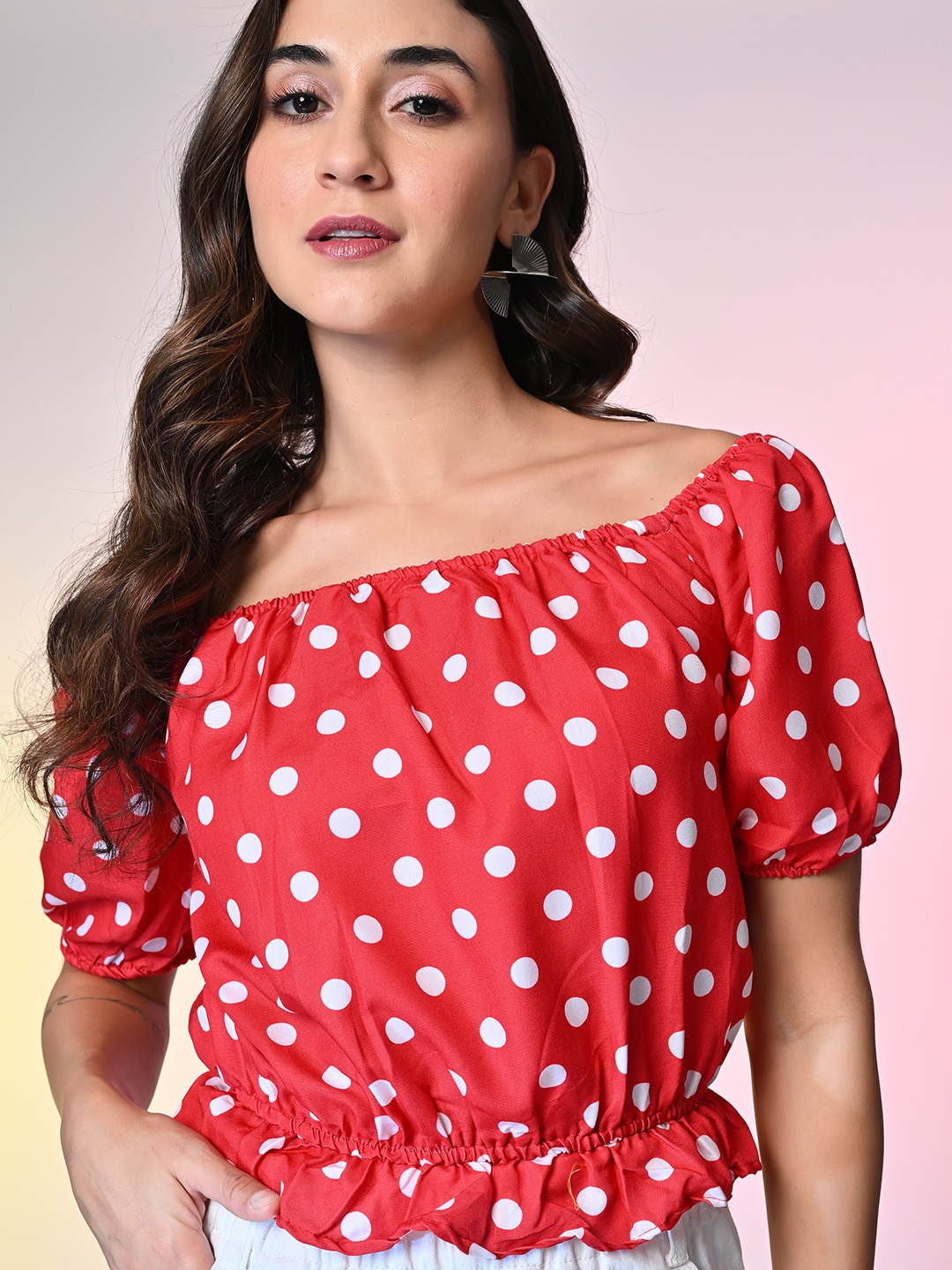 

aaivan Polka Dot Printed Off-shoulder Crop Top, Red