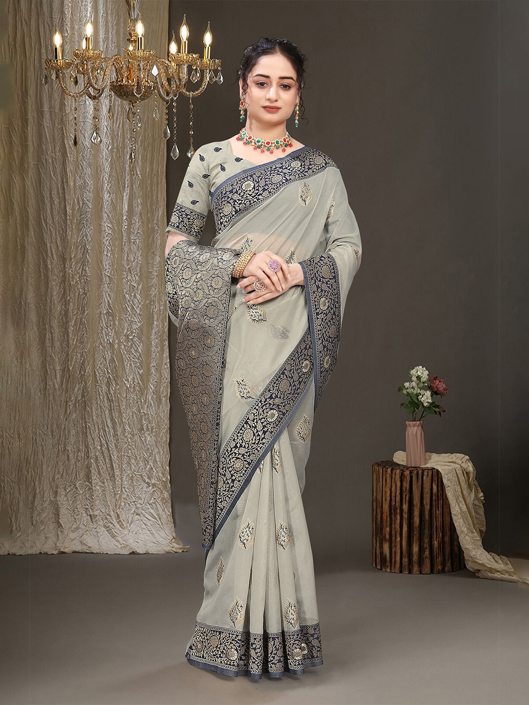 

RUDIT CREATION Woven Design Zari Organza Saree, Grey