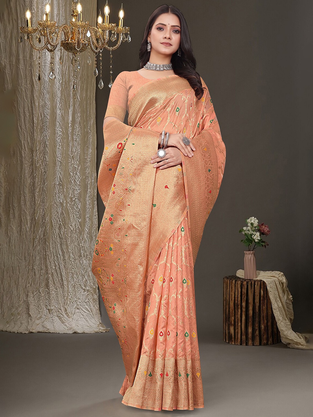 

RUDIT CREATION Woven Design Zari Organza Saree, Peach