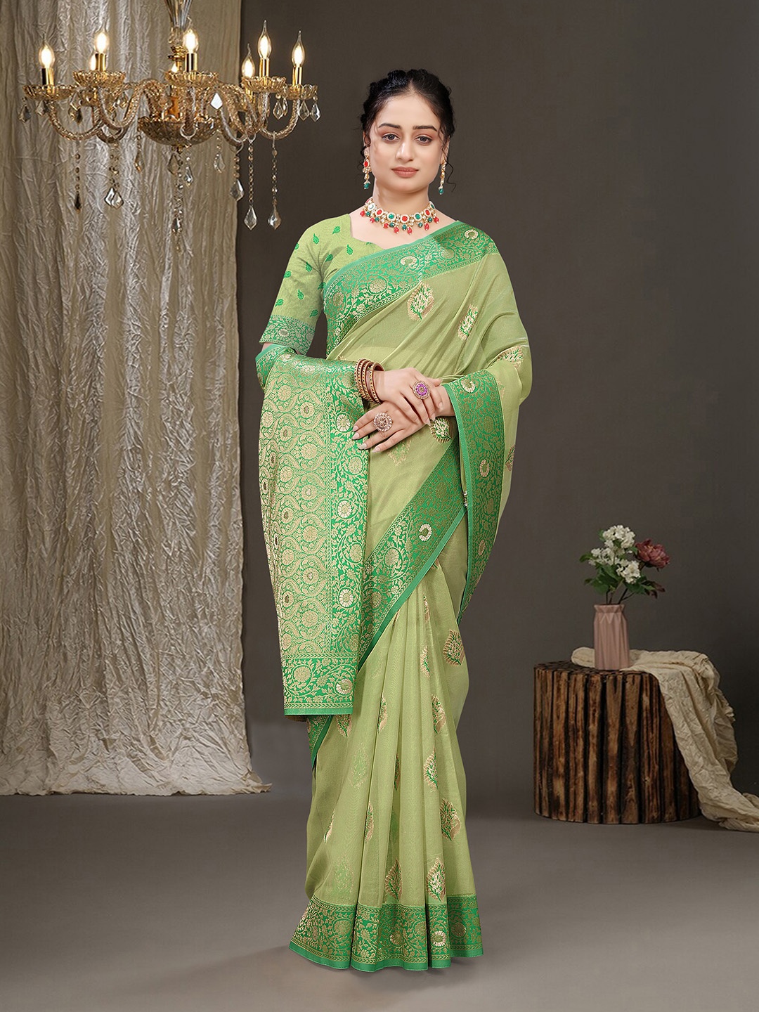 

RUDIT CREATION Ethnic Motifs Zari Organza Saree, Green