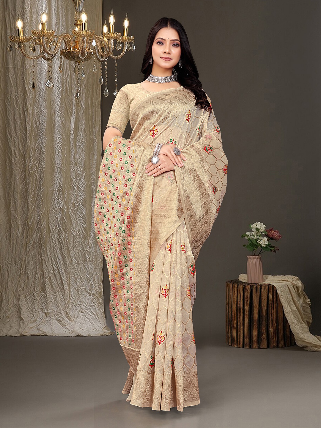 

RUDIT CREATION Woven Design Zari Organza Saree, Cream