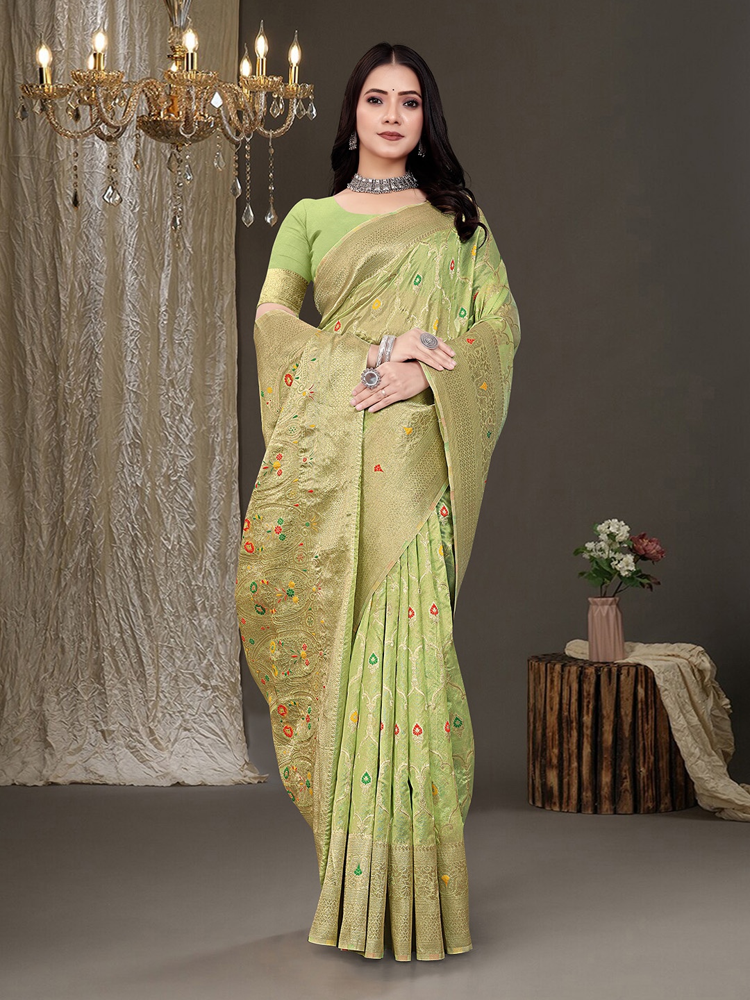

RUDIT CREATION Woven Design Zari Organza Saree, Green