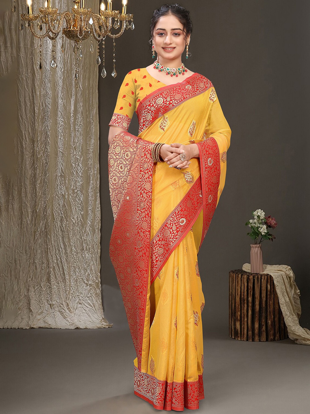 

RUDIT CREATION Woven Design Zari Organza Saree, Yellow