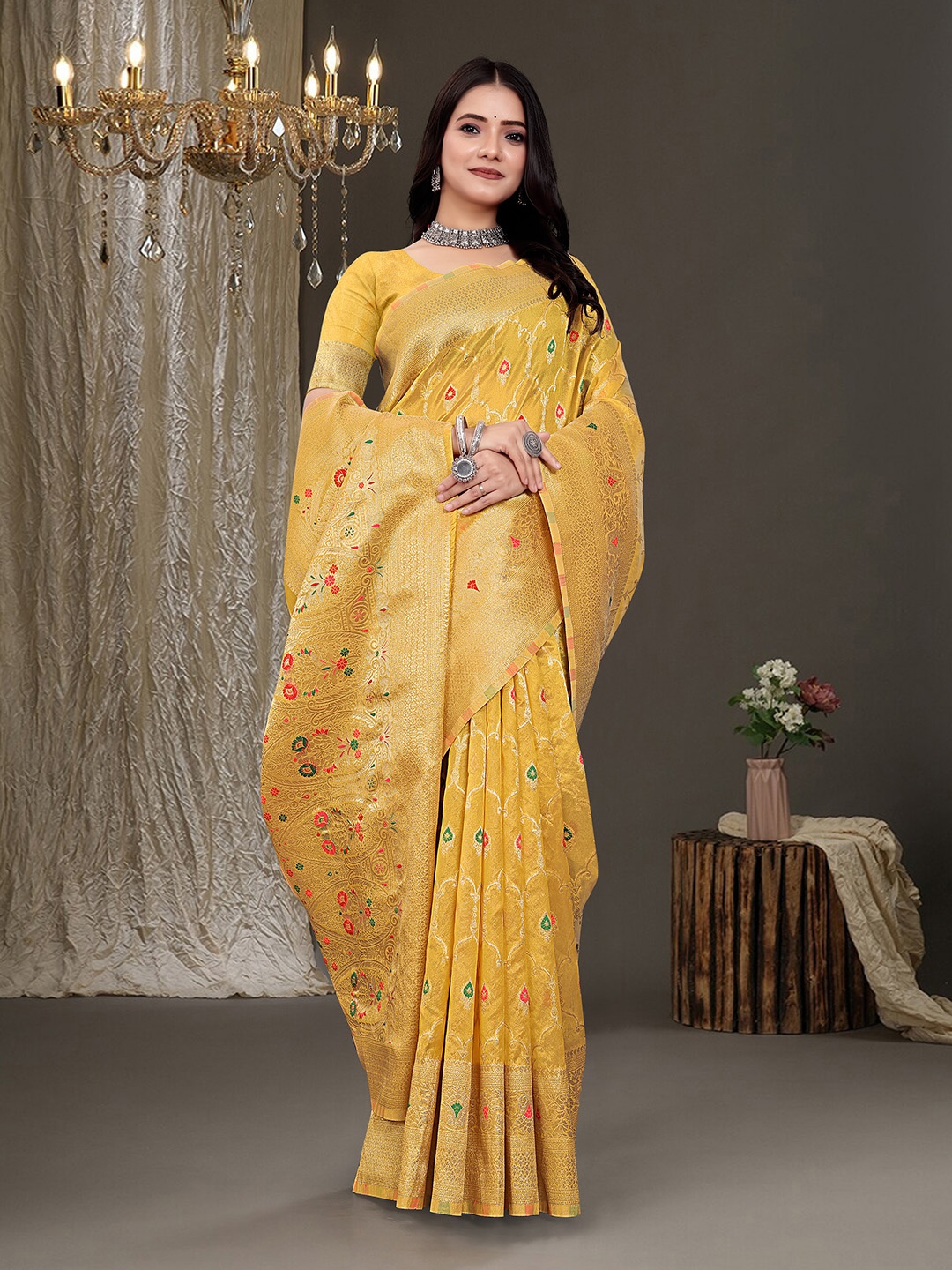 

RUDIT CREATION Ethnic Motifs Zari Organza Saree, Yellow