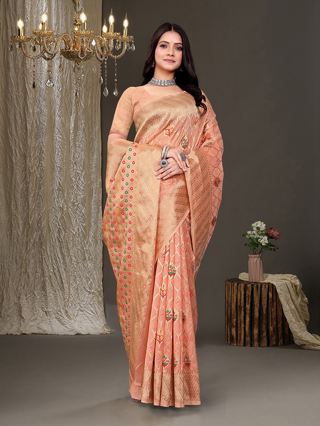 

RUDIT CREATION Ethnic Motifs Zari Organza Saree, Peach