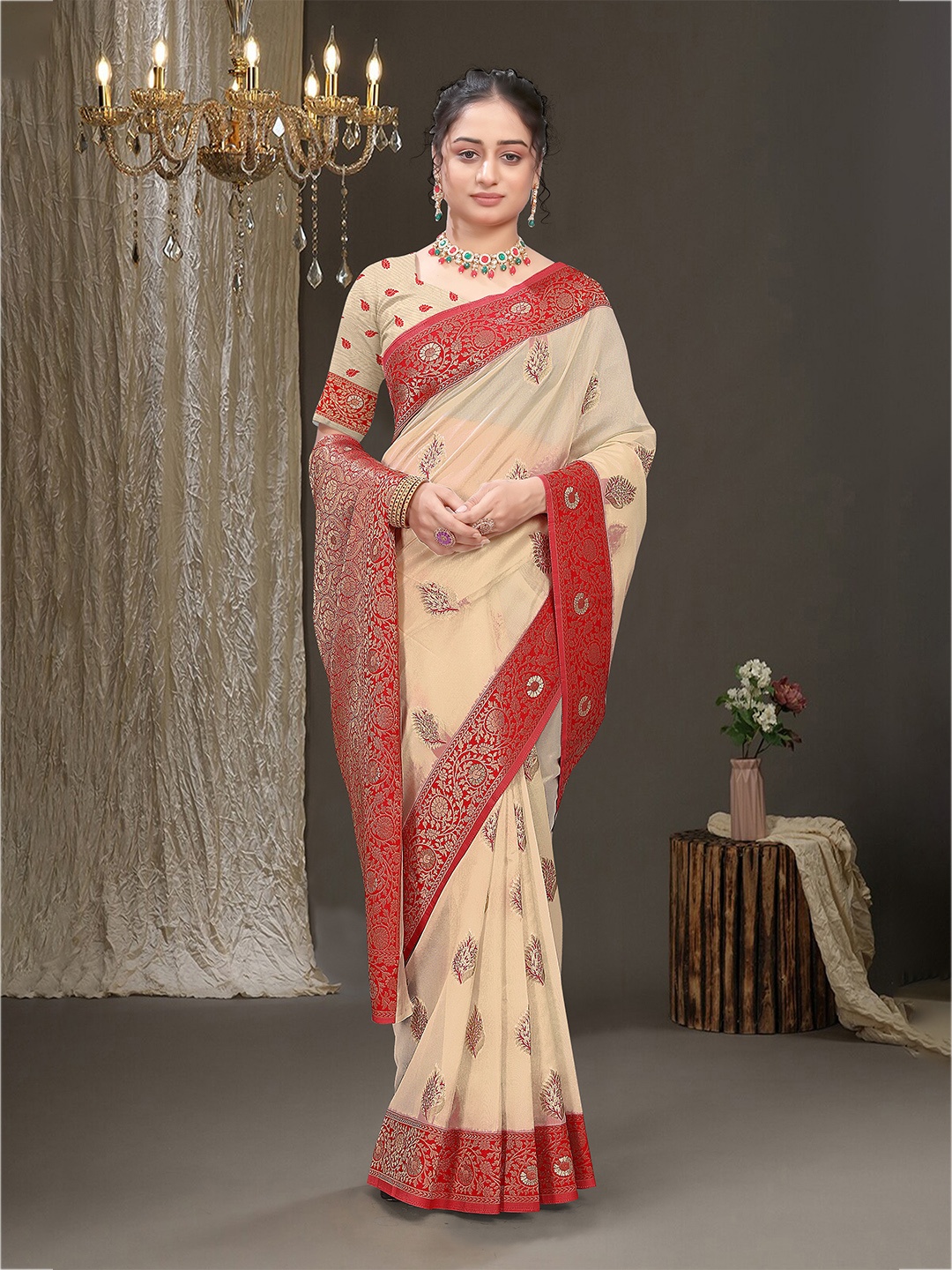 

RUDIT CREATION Woven Design Zari Organza Saree, Cream