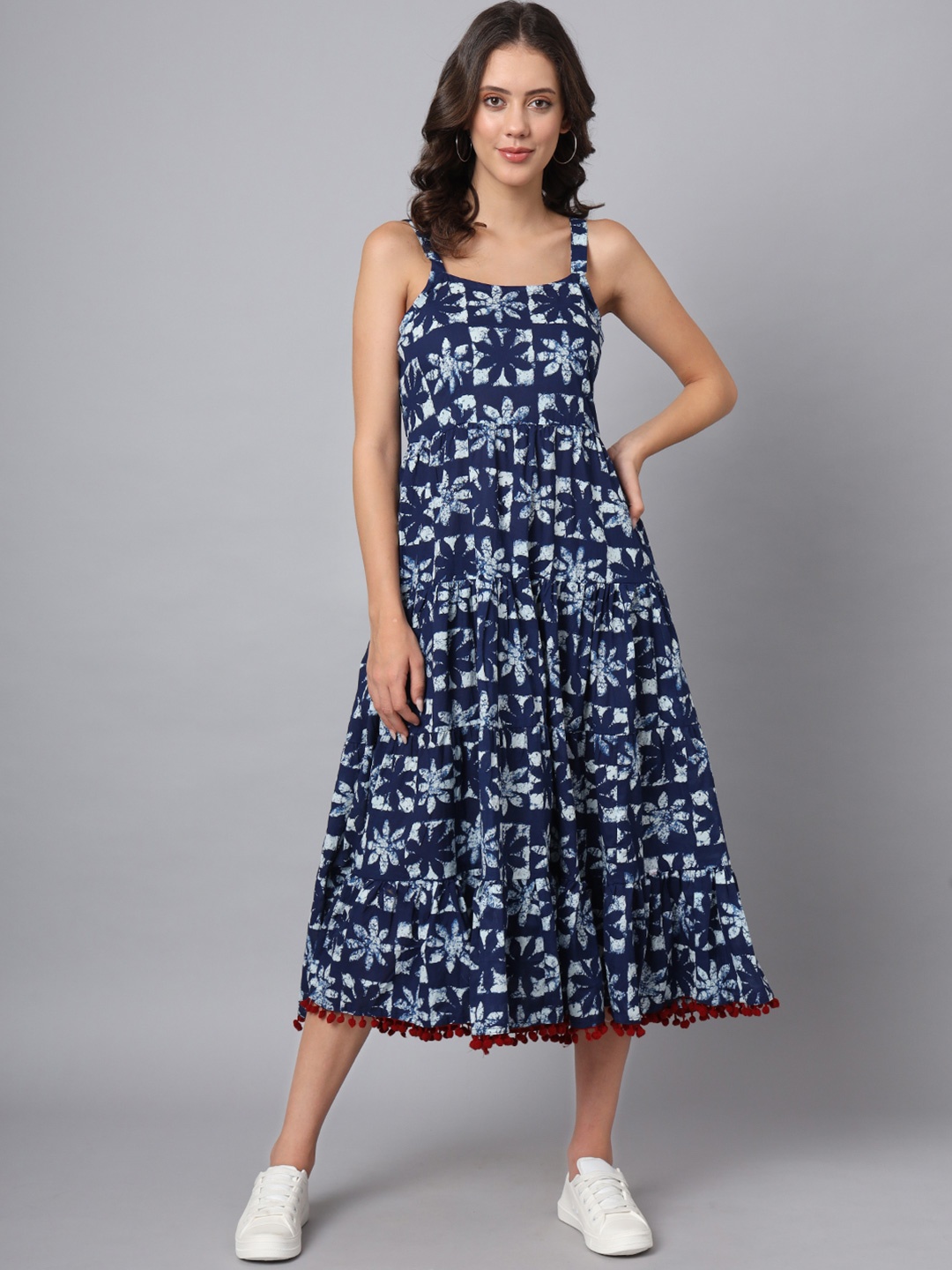 

Divena Floral Printed Shoulder Straps Smocked Pure Cotton Fit & Flare Casual Midi Dress, Navy blue