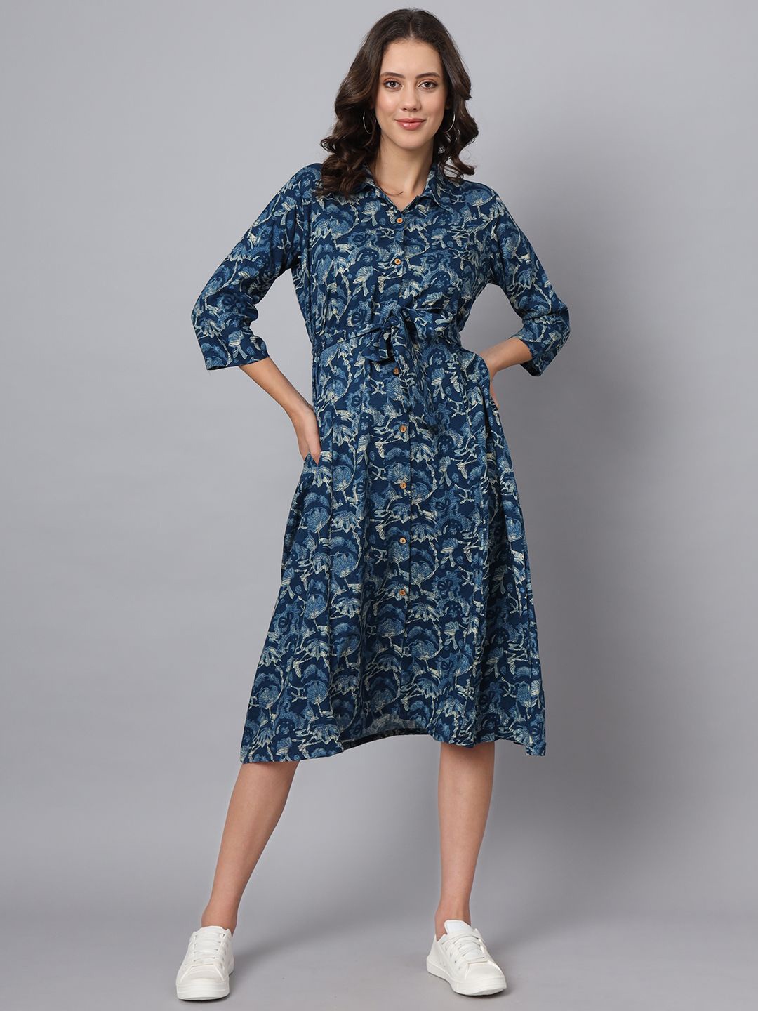 

Divena Floral Printed Shirt Midi Dress, Navy blue