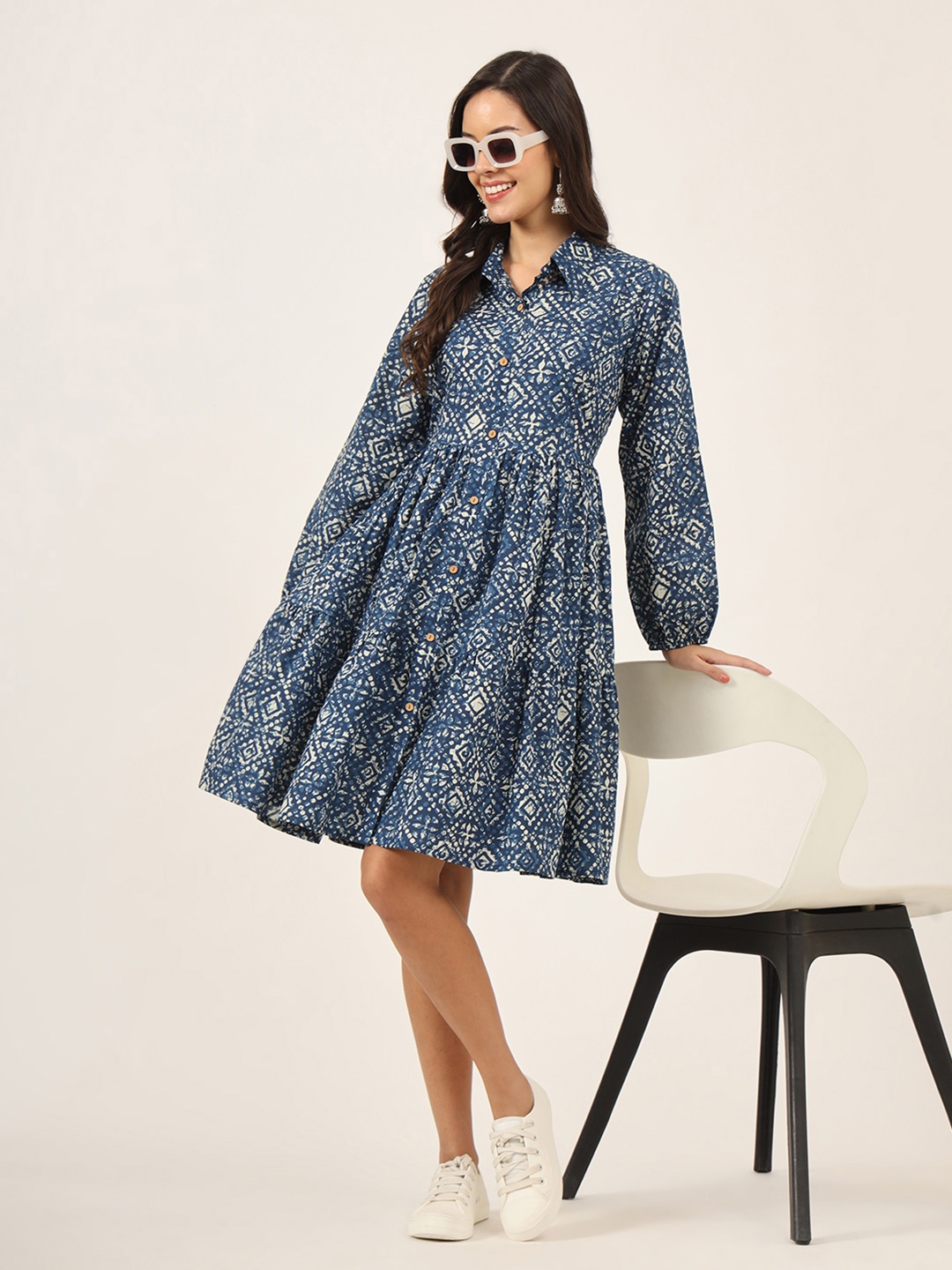 

Divena Floral Printed Cotton Fit & Flare Dress, Navy blue