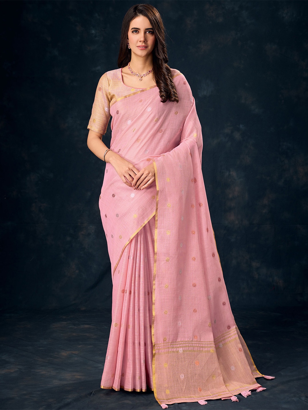 

Mitera Embellished Zari Saree, Pink