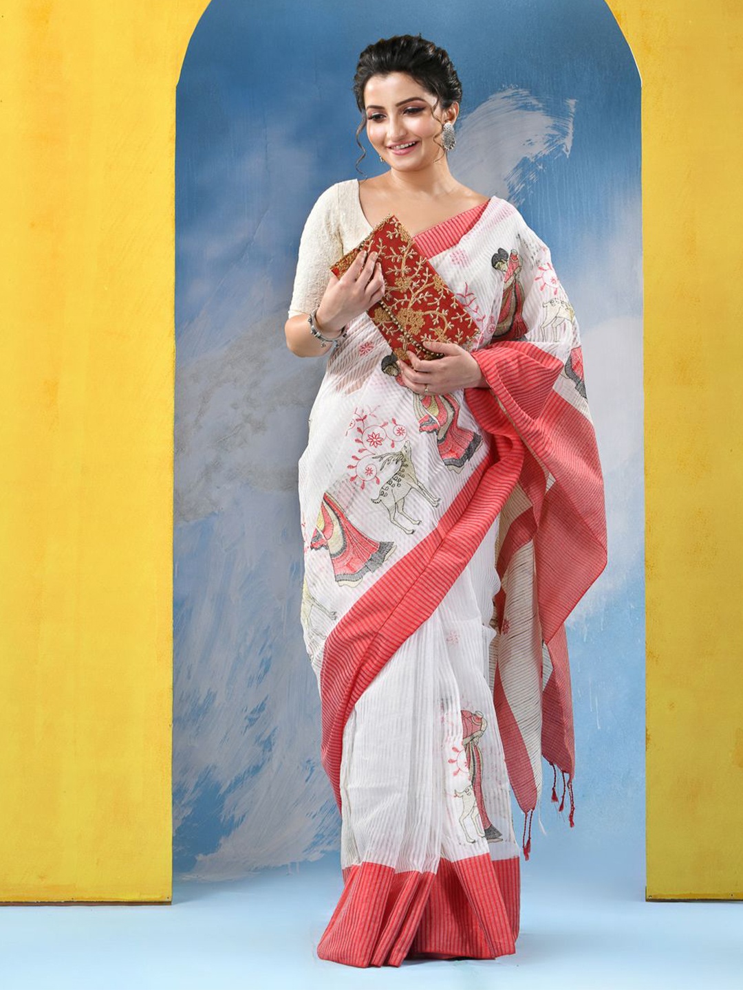 

DESH BIDESH Ethnic Motifs Embroidered Pure Cotton Khadi Saree, White