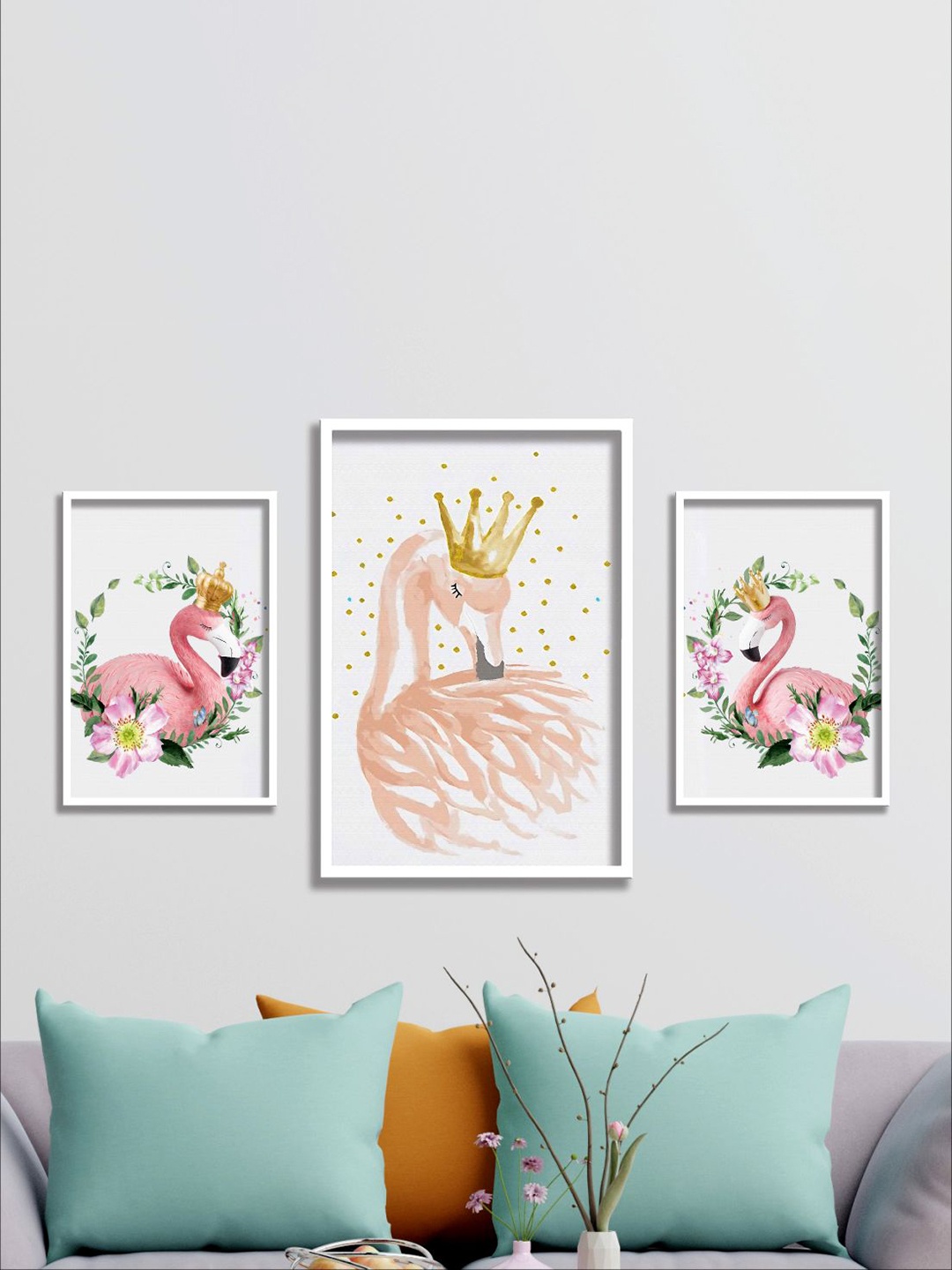 

Aura White & Pink 3 Pieces Birds And Animals Wall Arts