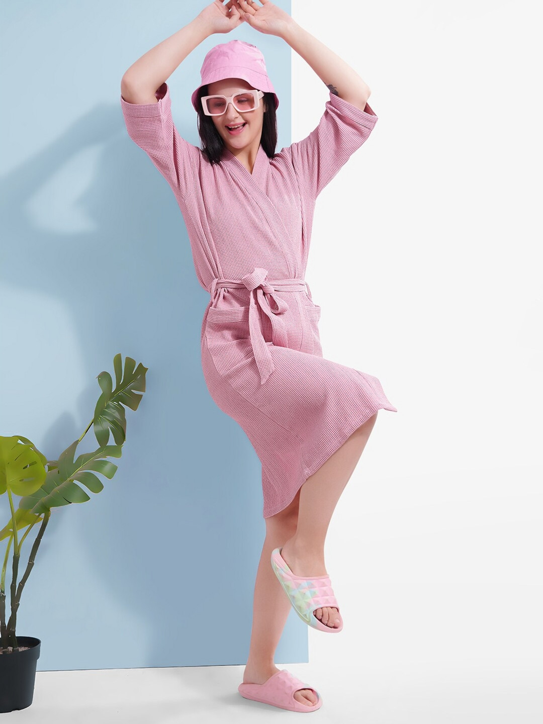 

HotGown Self Design Plain Waffle Cotton Bath Robe, Rose