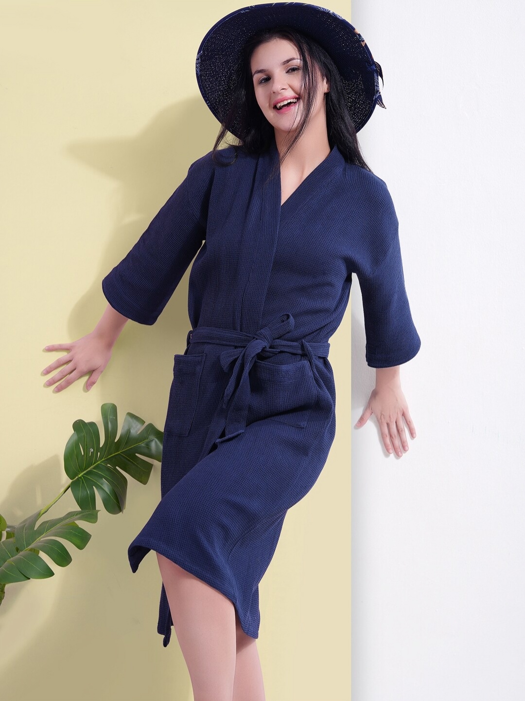 

HotGown Self Design Plain Waffle Cotton Bath Robe, Navy blue