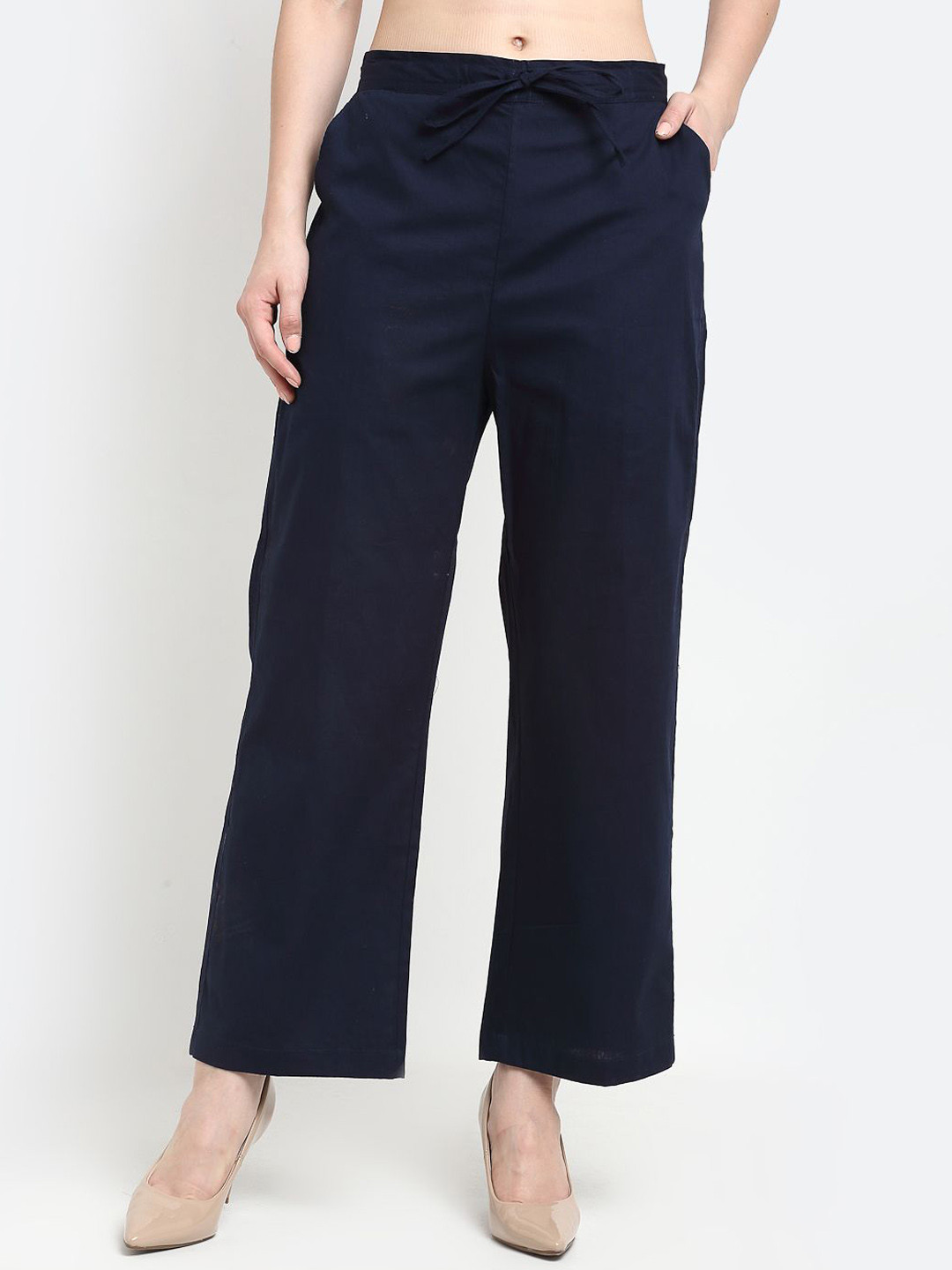 

GRACIT Solid Mid-Rise Flat-Front Straight Fit Parallel Trousers, Navy blue