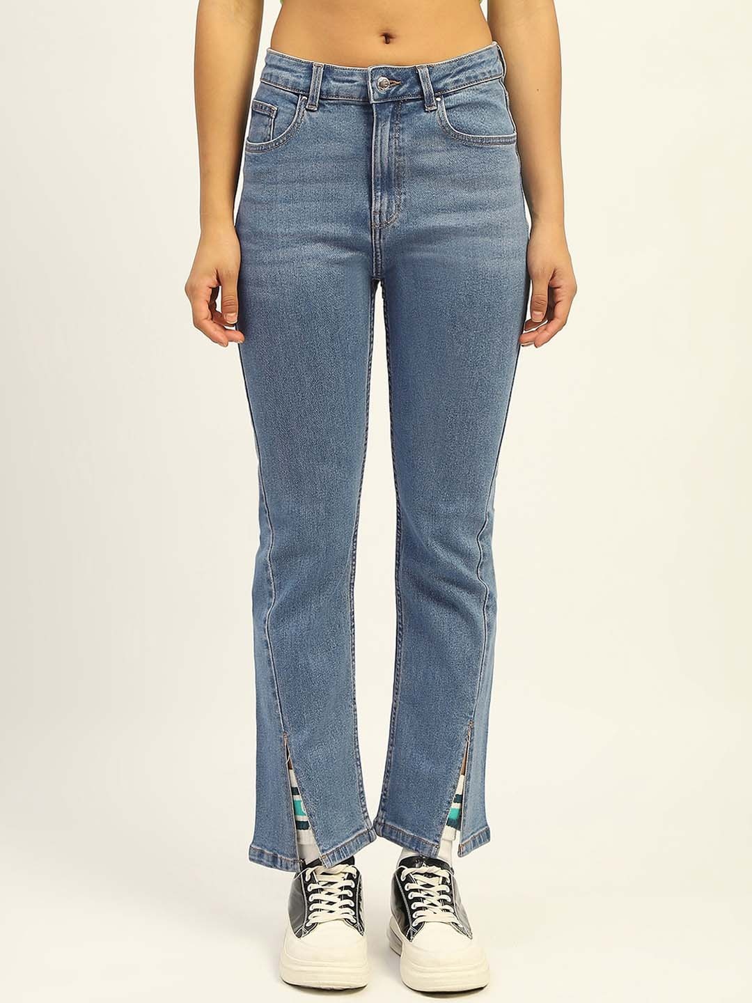 

Madame Women Straight Fit Light Fade Mid-Rise Clean Look Slit Detail Pure Cotton Jeans, Blue