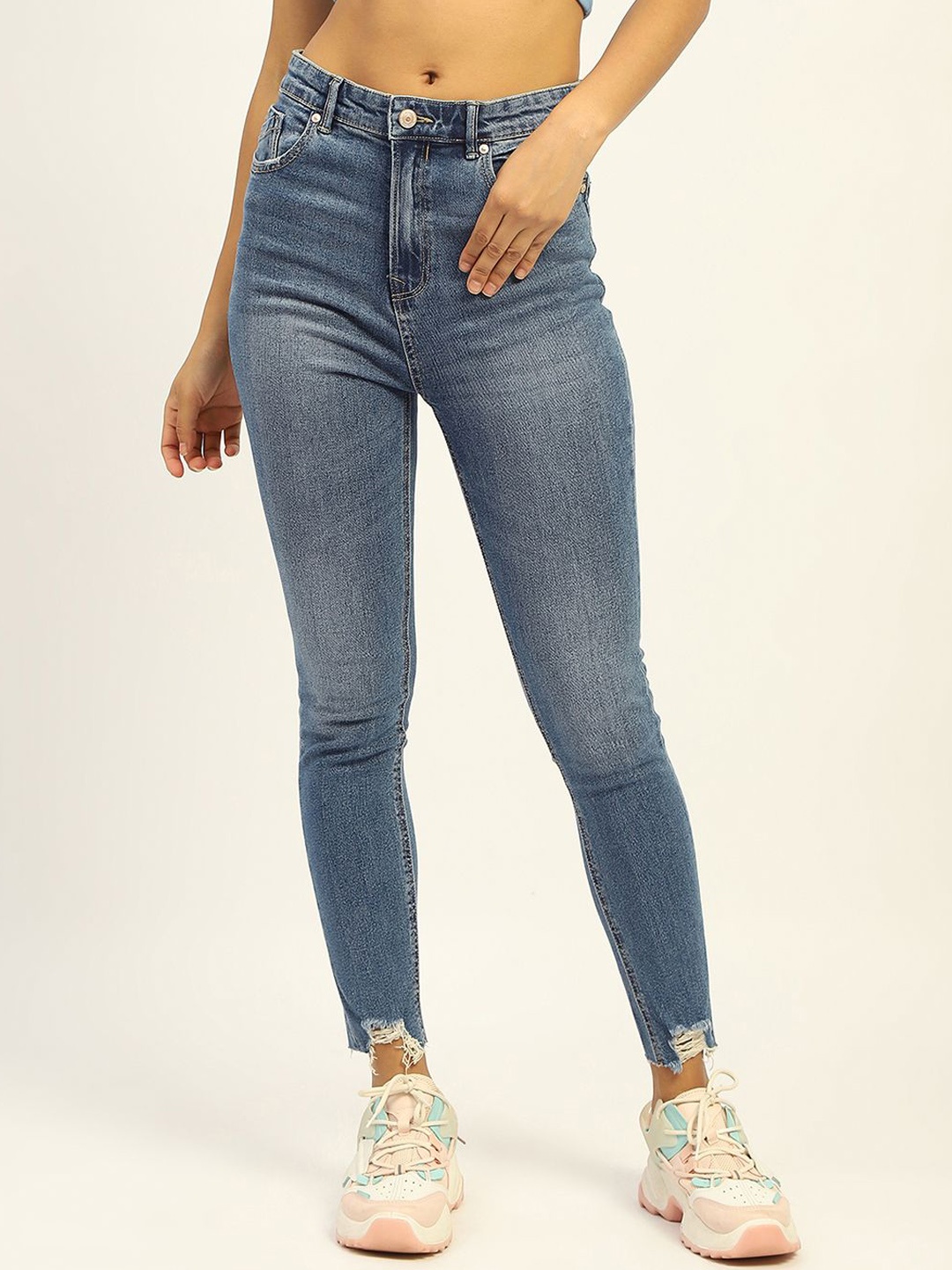 

Madame Women Super Skinny Fit Mid-Rise Light Fade Pure Cotton Cropped Jeans, Blue