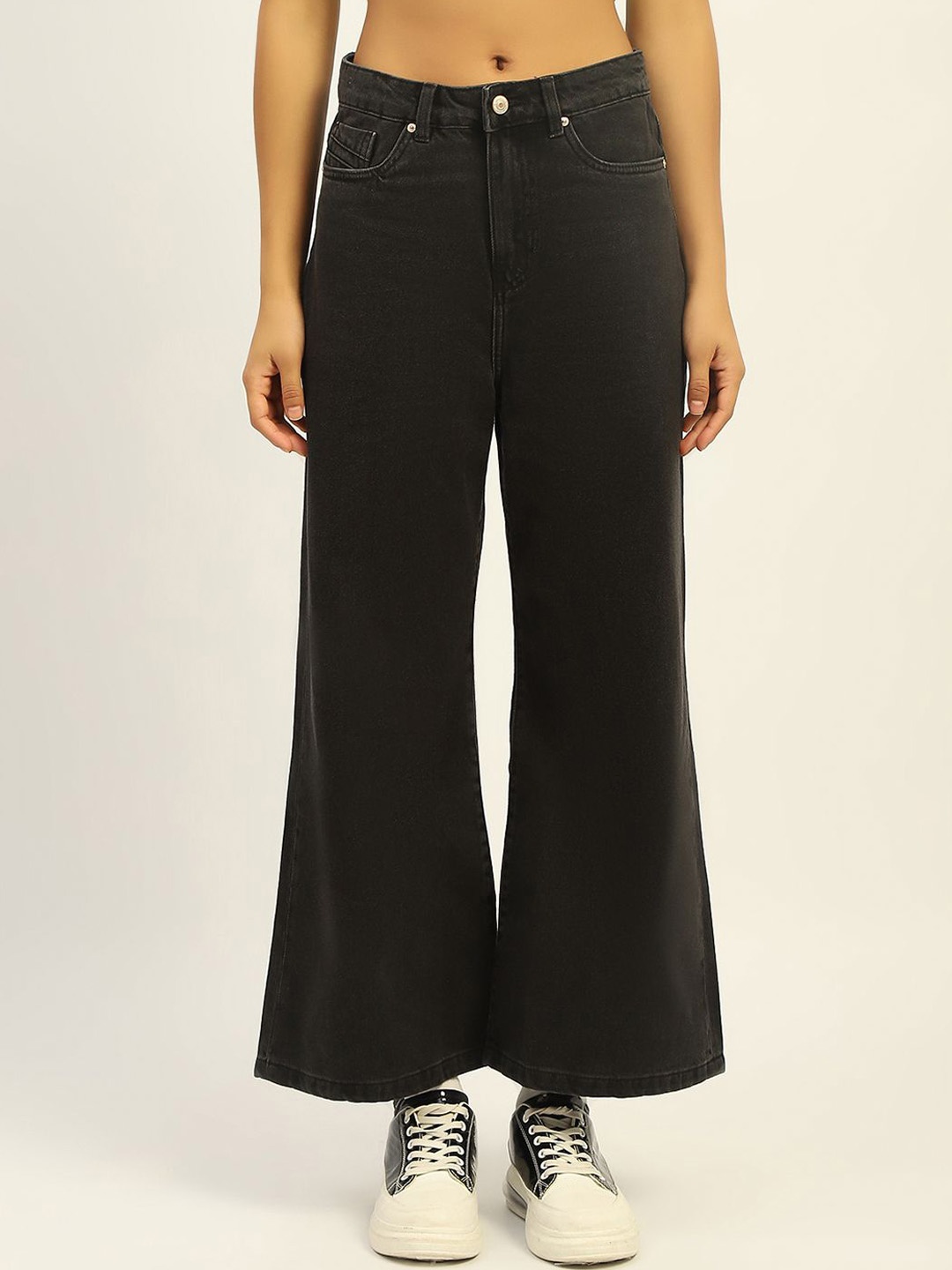 

Madame Women Mid-Rise Clean Look Cropped Wide Leg Pure Cotton Casual Jeans, Charcoal