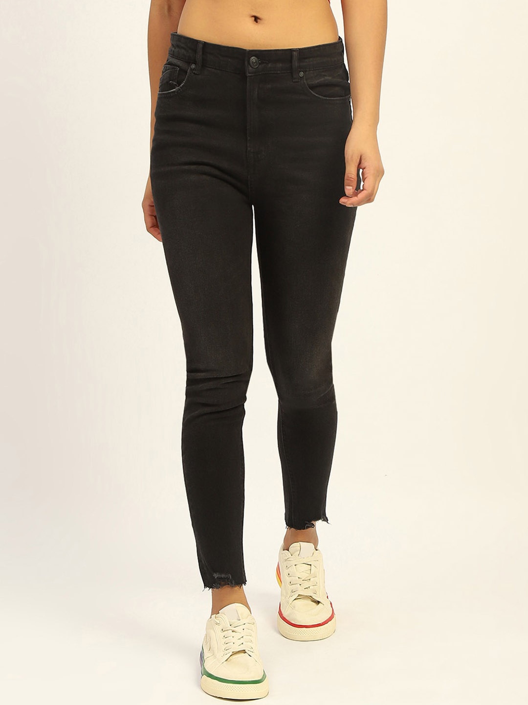 

Madame Women Super Skinny Fit Mid-Rise Clean Look Pure Cotton Jeans, Black