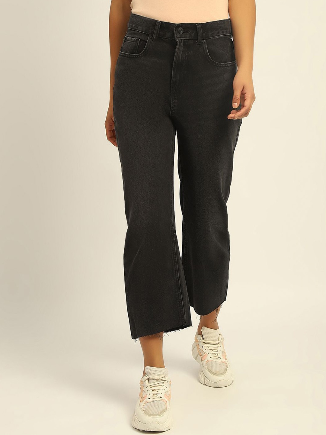 

Madame Women Straight Fit Mid-Rise Clean Look Crinkle Pure Cotton Jeans, Black