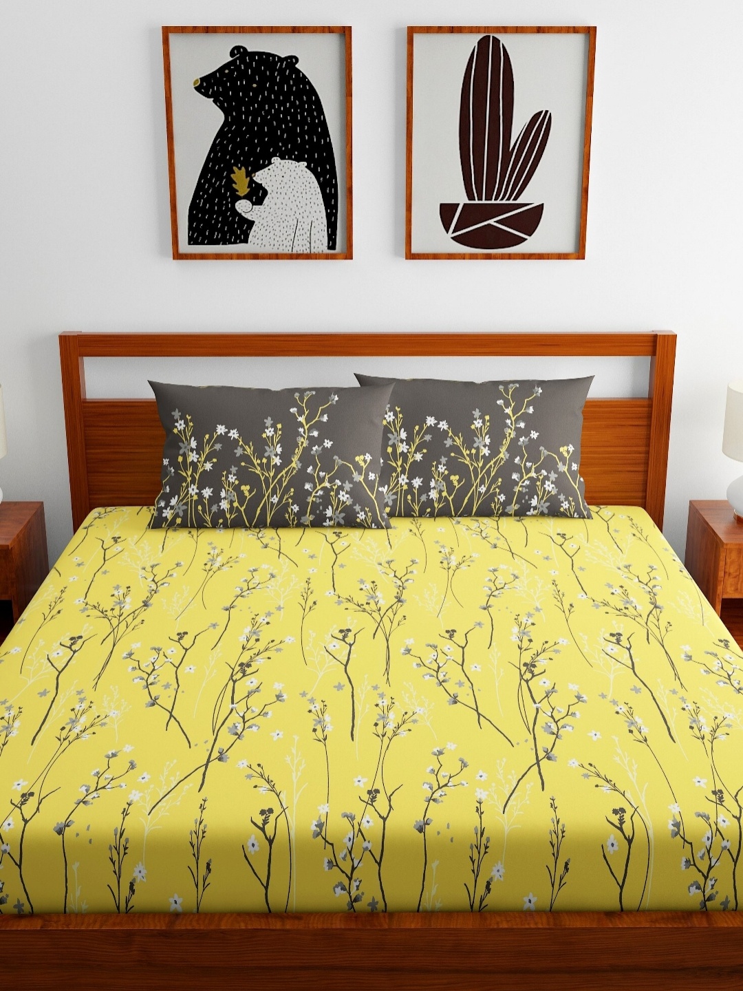 

Home Ecstasy Yellow & Grey Floral 140 TC Queen Bedsheet With 2 Pillow Covers