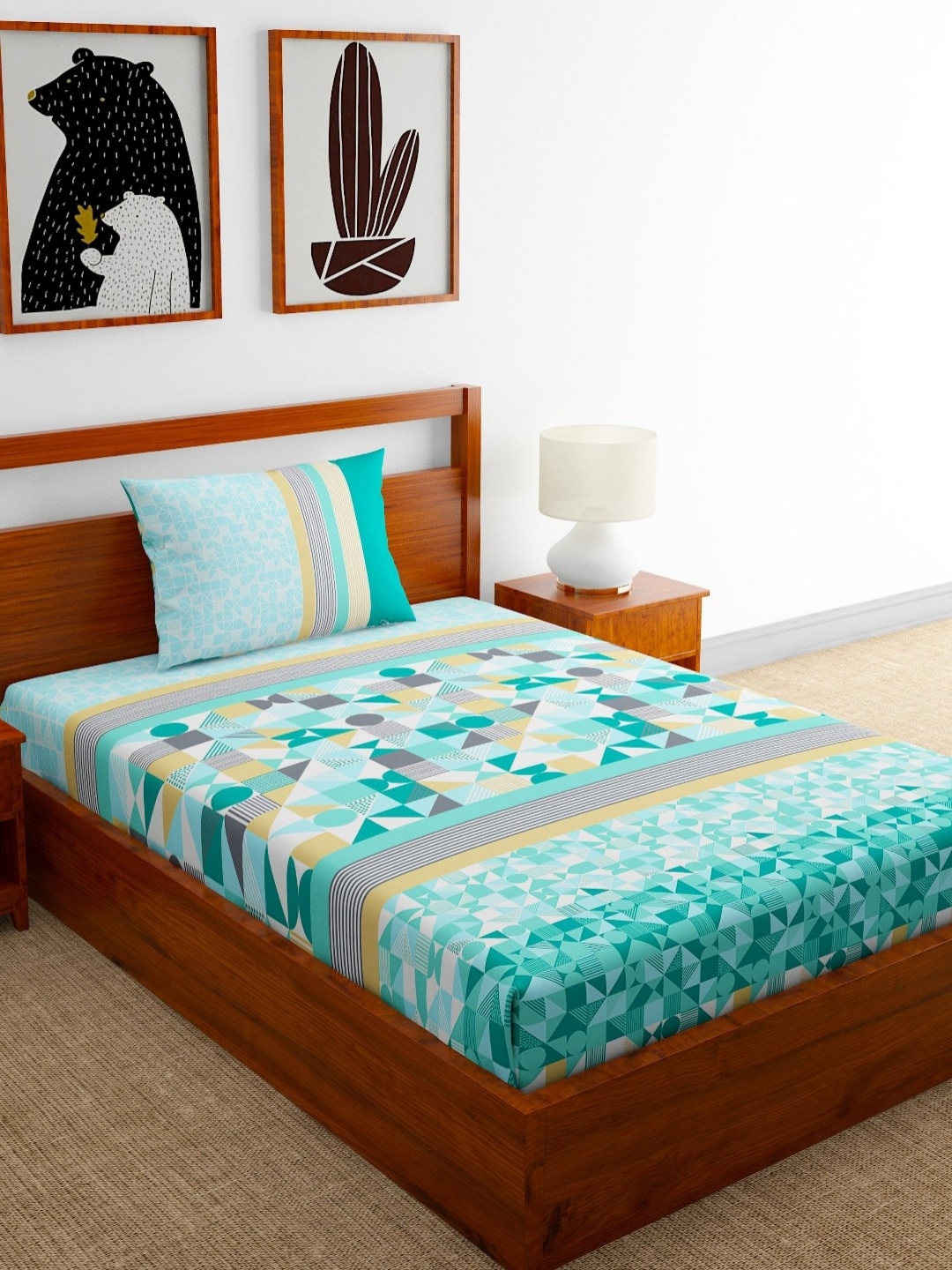 

Home Ecstasy Green & Yellow Geometric 140 TC Single Bedsheet With Pillow Cover