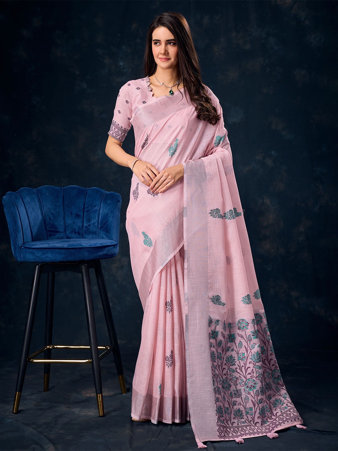 

Mitera Woven Design Pure Linen Saree, Pink