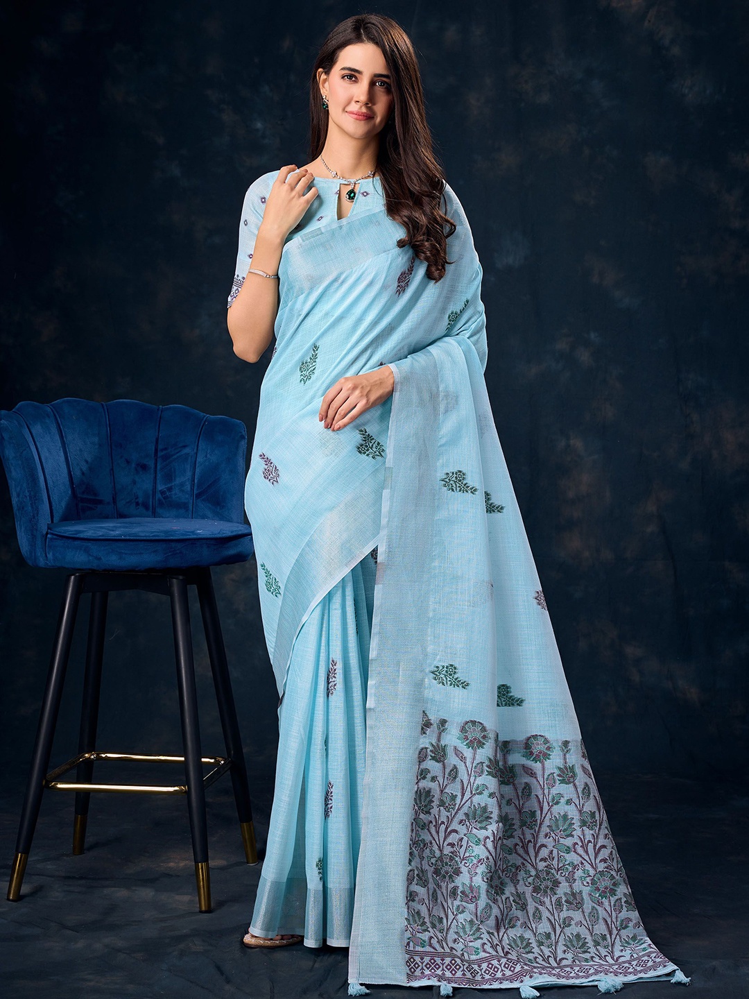 

Mitera Woven Design Pure Linen Saree, Blue