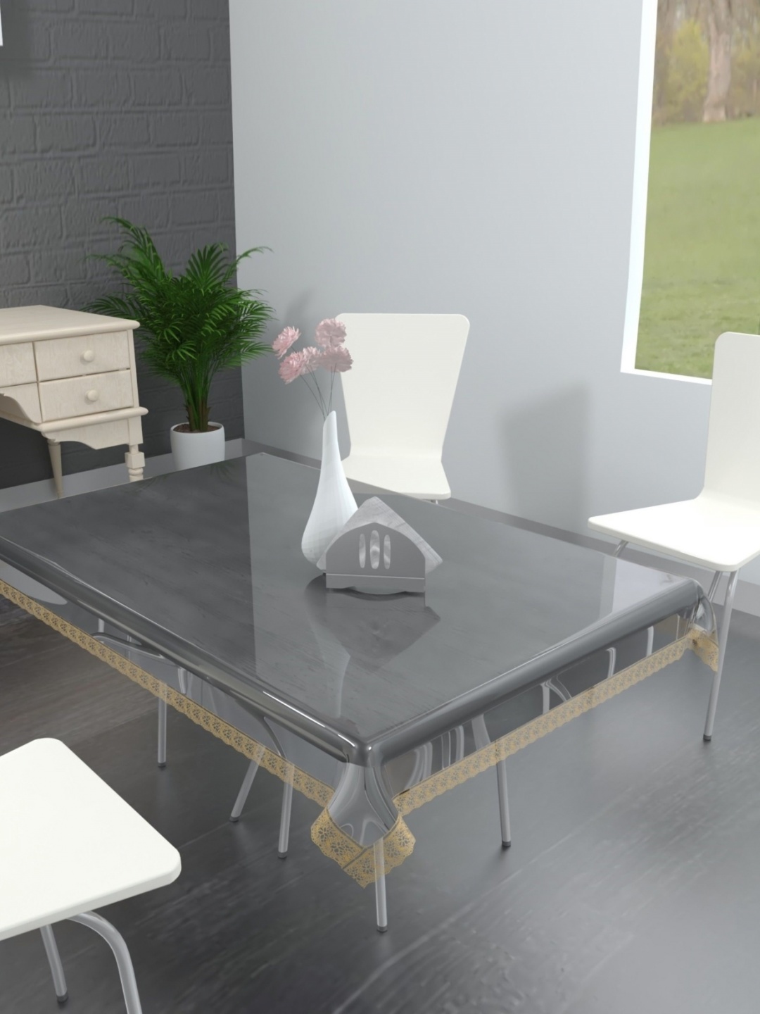 

TANLOOMS Transparent & Gold Toned Waterproof 6-Seater Table Cover