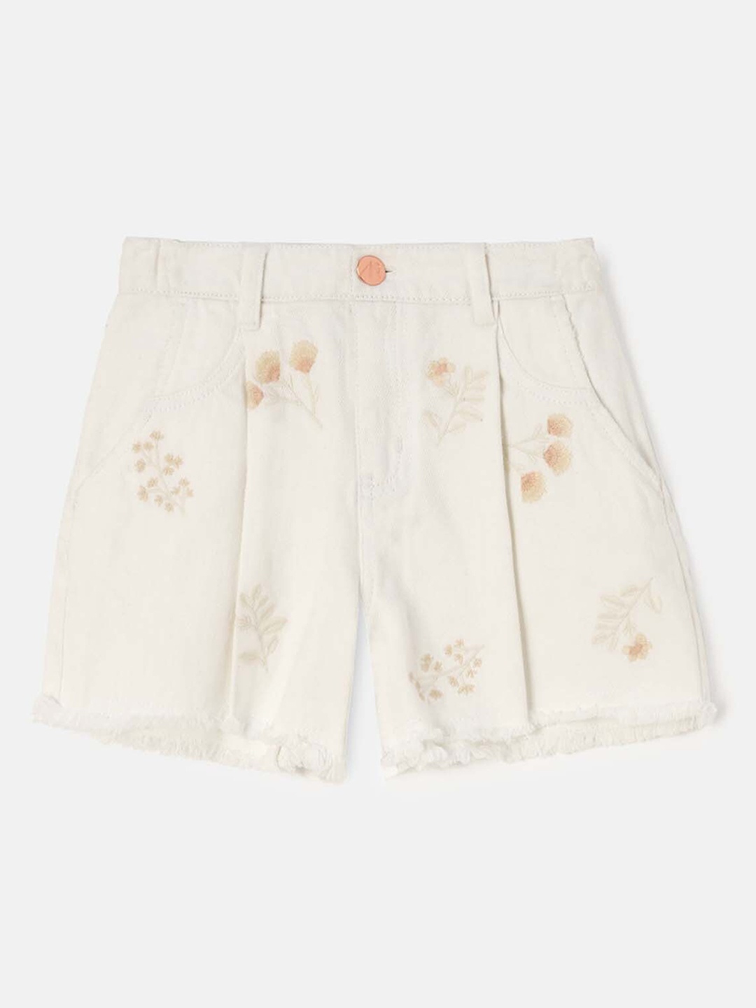 

Angel & Rocket Girls Floral Embroidered Mid-Rise Regular Cotton Slim Fit Shorts, Cream