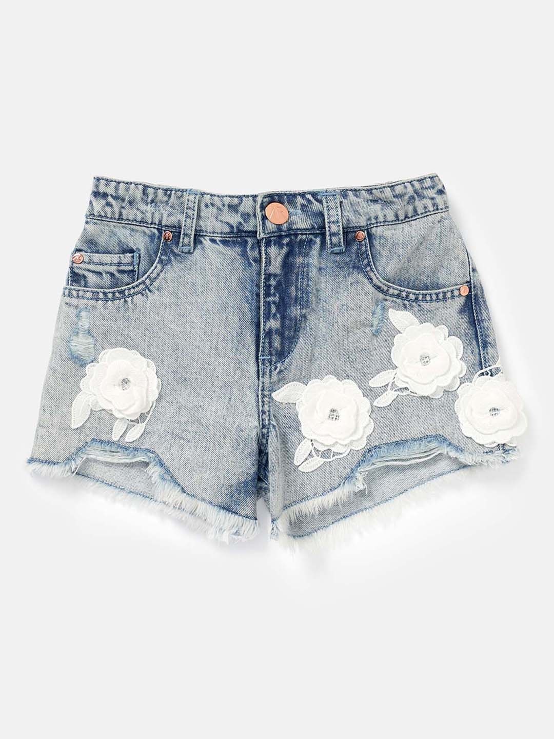 

Angel & Rocket Girls Washed Slim Fit Mid-Rise Embellished Cotton Denim Shorts, Blue