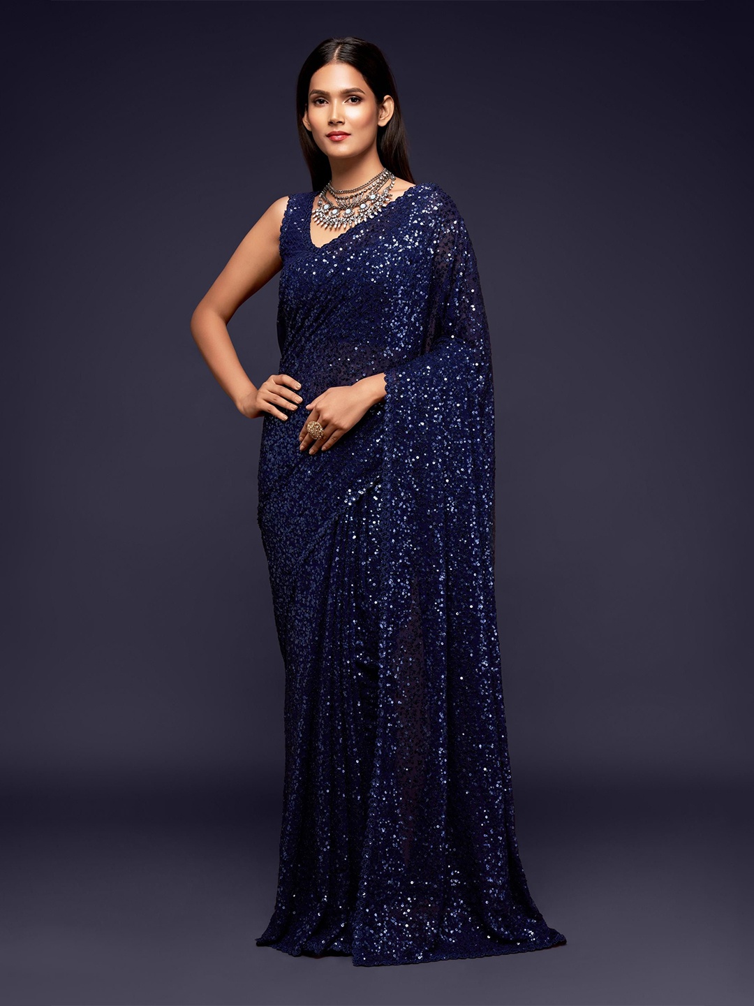 

Trendmalls Embellished Sequinned Pure Georgette Saree, Navy blue