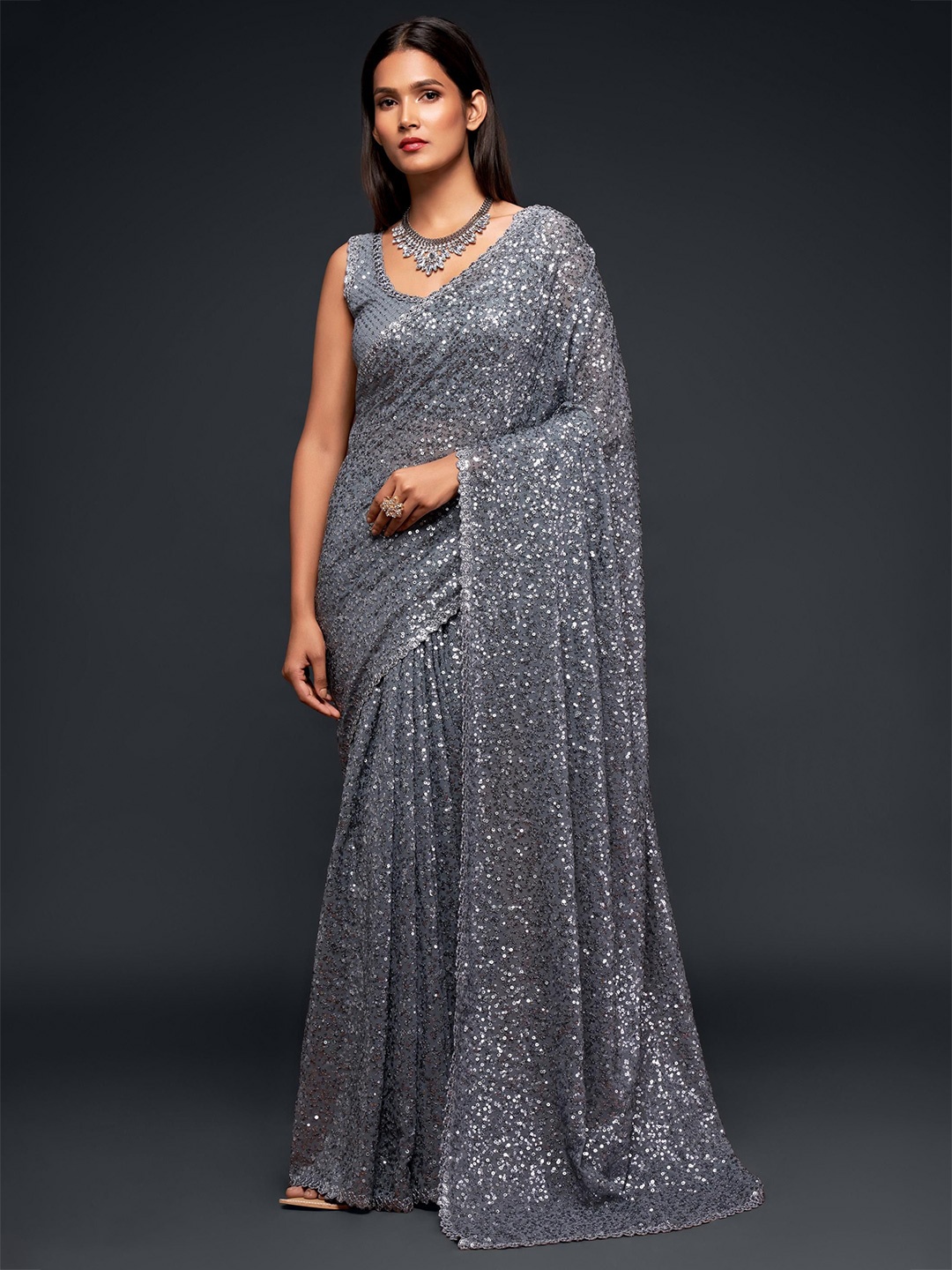 

Trendmalls Heavy Georgette Sequins work Pure Georgette Saree, Grey