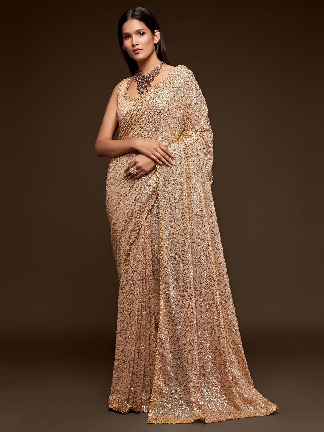 

Trendmalls Embellished Sequinned Pure Georgette Saree, Beige