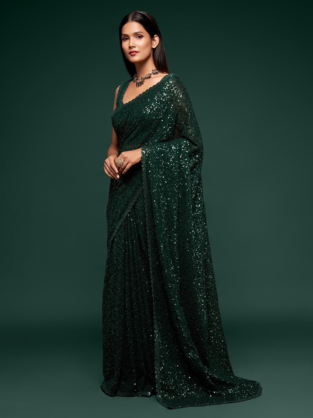 

Trendmalls Pure Georgette Sarees, Green