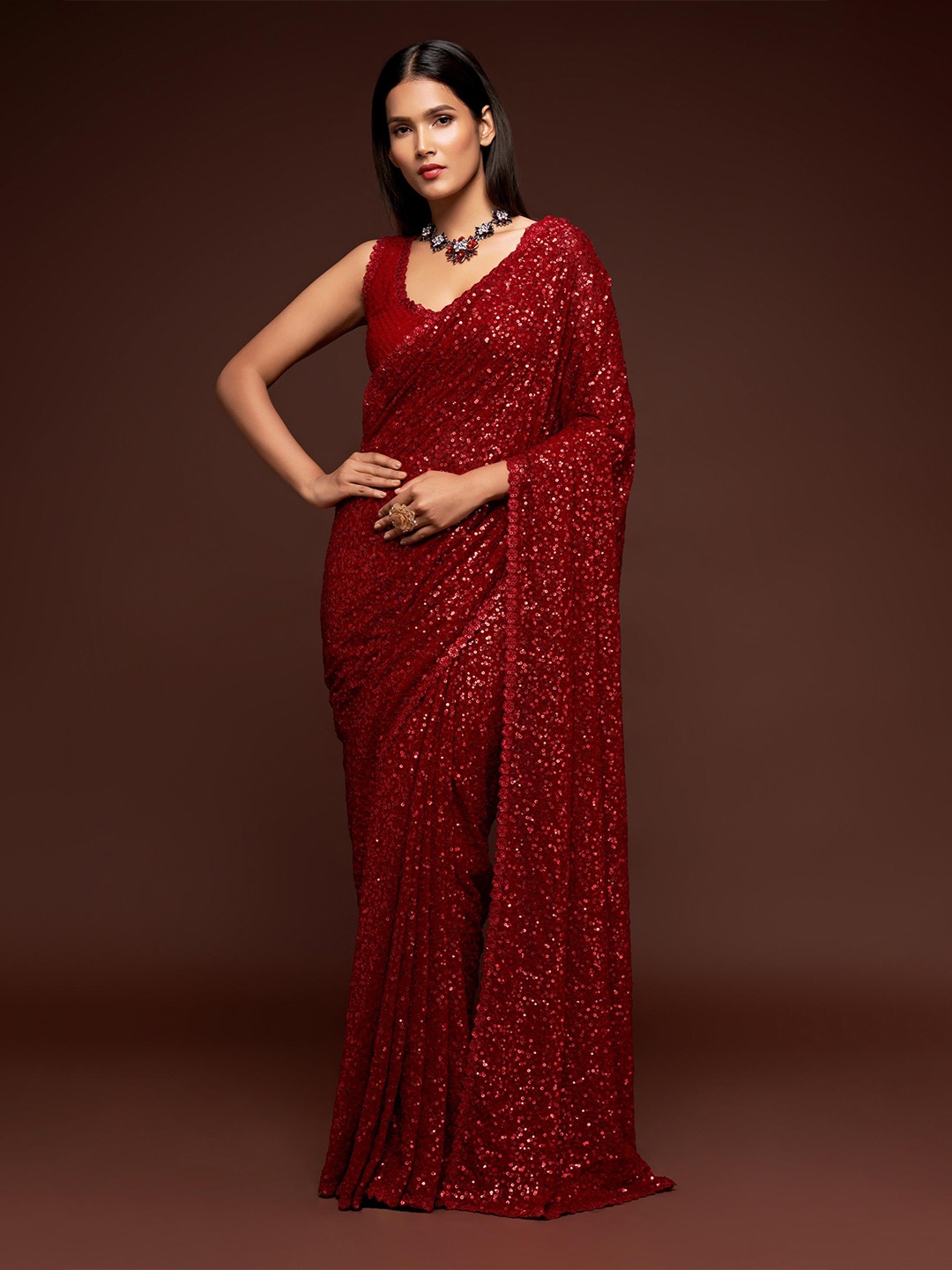

Trendmalls Embellished Sequinned Pure Georgette Saree, Red